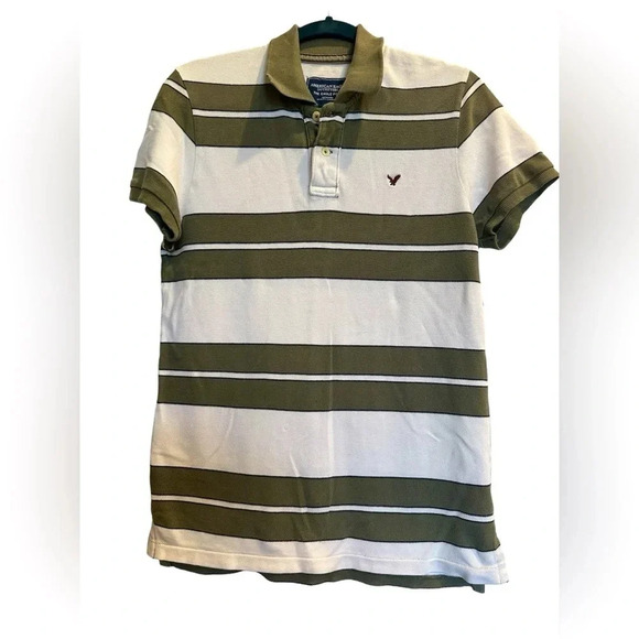American Eagle Outfitters Green White Striped Eagle Polo Shirt Size XS - Picture 1 of 3